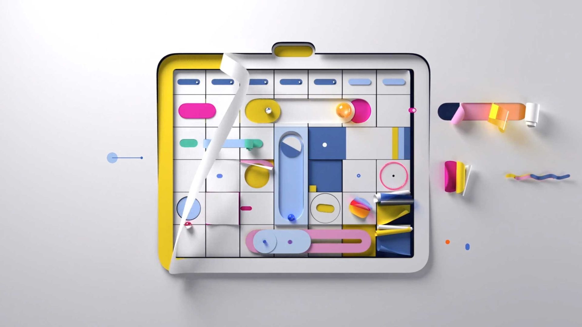 A digital calendar interface in a Lumbre style, featuring abstract 3D shapes, sliders, and spheres arranged across a manic grid. Frame from Stash Magazine article.