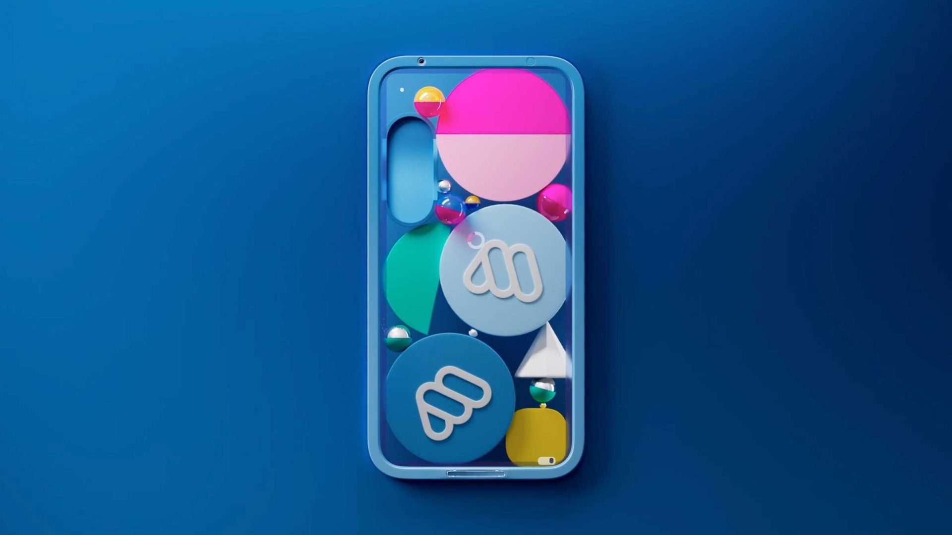 A blue Lumbre phone case featuring colorful geometric shapes and two circles displaying the linear white logo of a stylized letter a. Frame from Stash Magazine article.