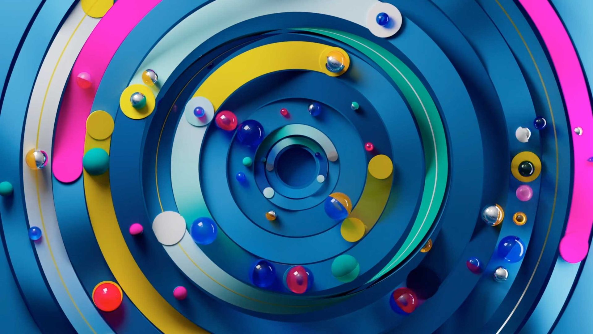 A collection of multicolored Mega spheres scattered across concentric rings in shades of blue, yellow, and pink, creating a manic pattern. Frame from Stash Magazine article.
