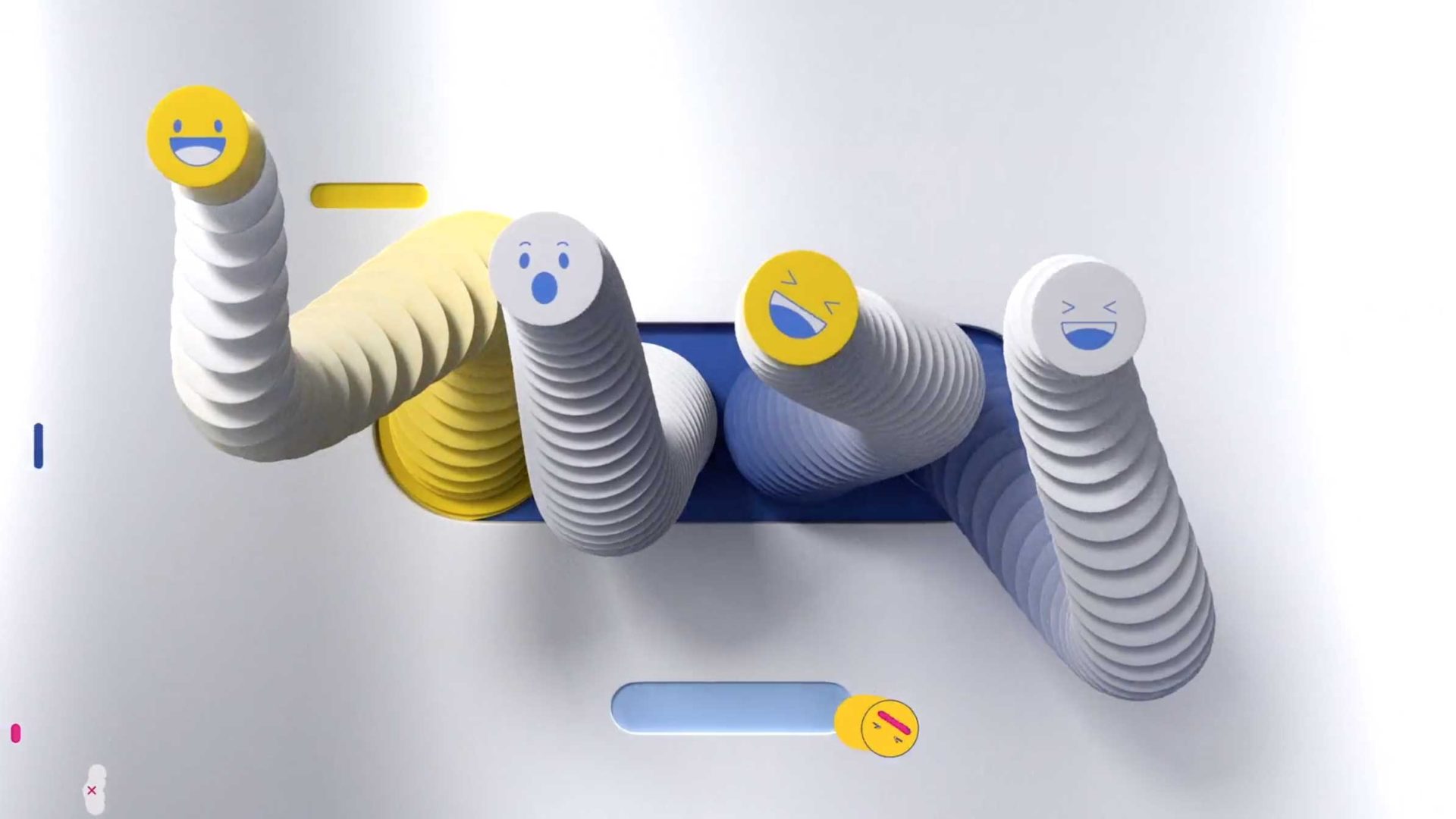 Four flexible, Mega spring-like tubes with emoji faces extending from a blue rectangular opening on a white background, captured in a Lumbre animation. Frame from Stash Magazine article.