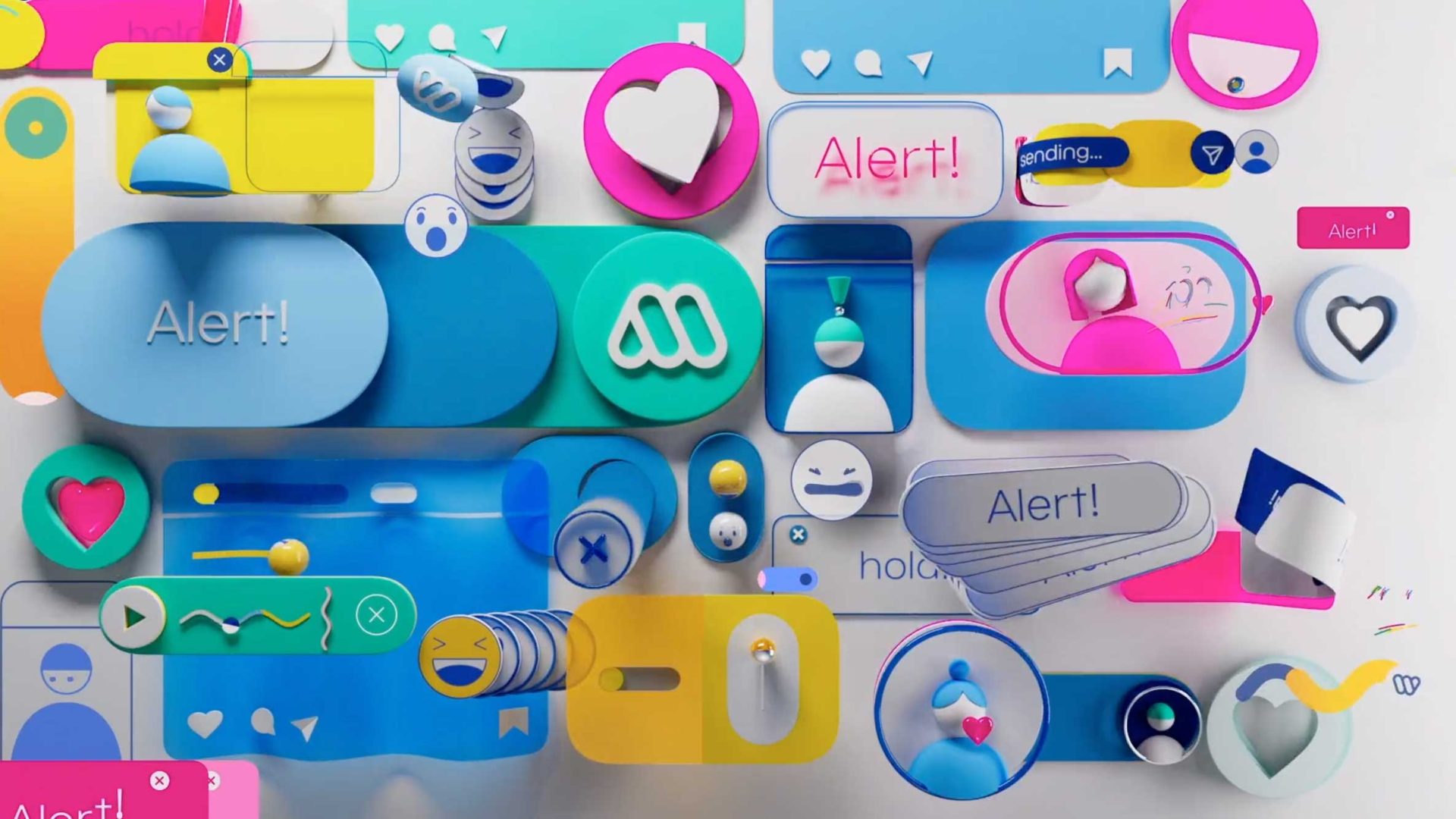 A Lumbre collage of colorful 3D social media interface elements, including notification boxes labeled Alert!, hearts, message bubbles, and various stylized Mega icons and avatars. Frame from Stash Magazine article.