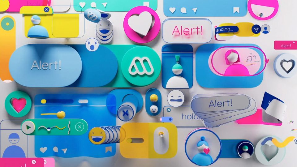 A collage of colorful 3D social media interface elements from the Mega Chile rebrand by Lumbre, including hearts, profile icons, notification bubbles labeled Alert!, and various navigational buttons. Frame from Stash Magazine article.