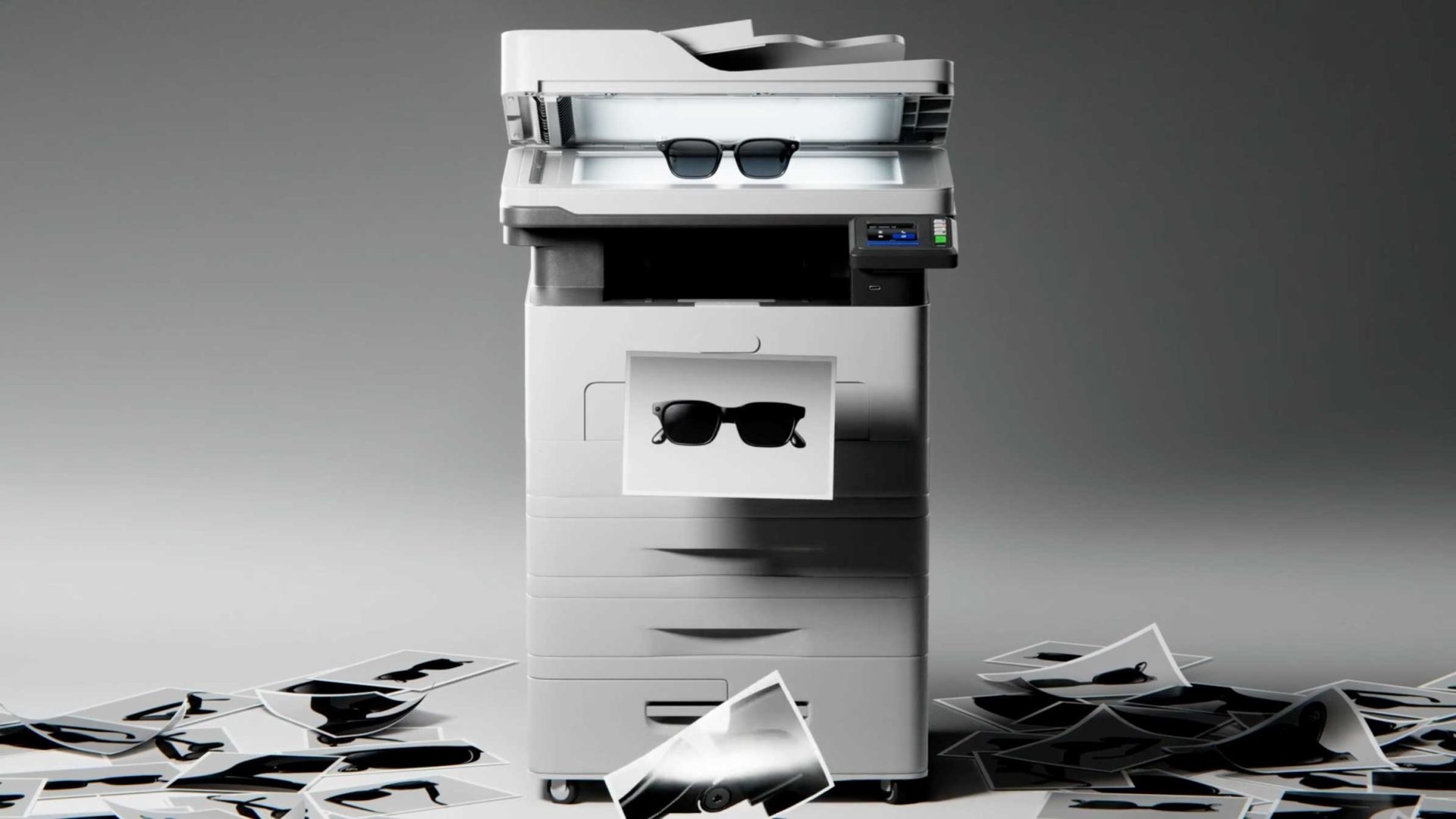 A copier machine prints black-and-white images of sunglasses, with copies scattered on the floor and one emerging from the machine. A pair of sunglasses is placed inside the copier, evoking visuals reminiscent of the Meta Little Wonders AI Glasses launch films by Builders Club & Tendril. Frame from Stash Magazine article.