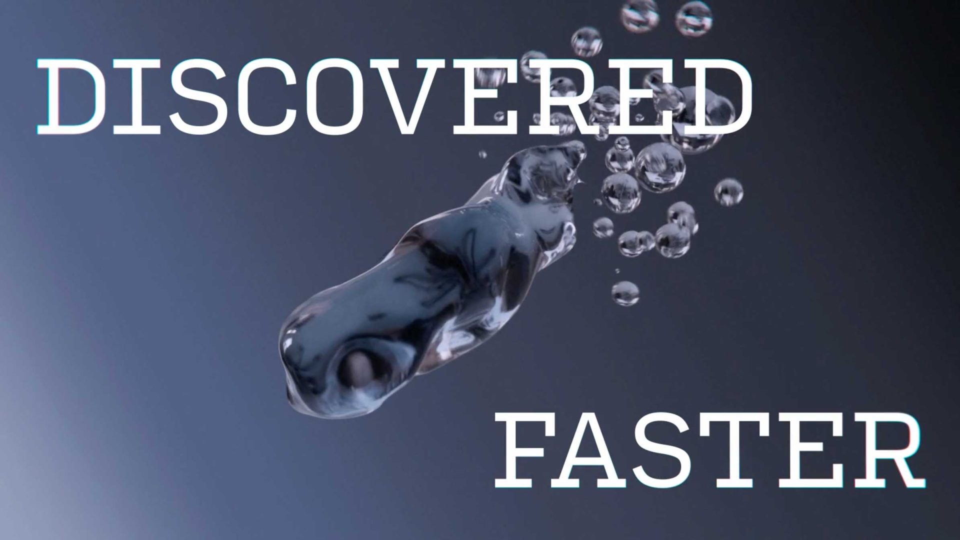 The word DISCOVERED appears above a floating liquid blob with bubbles, and the word FASTER appears below it, in a Ranger & Fox brand film. Frame from Stash Magazine article.
