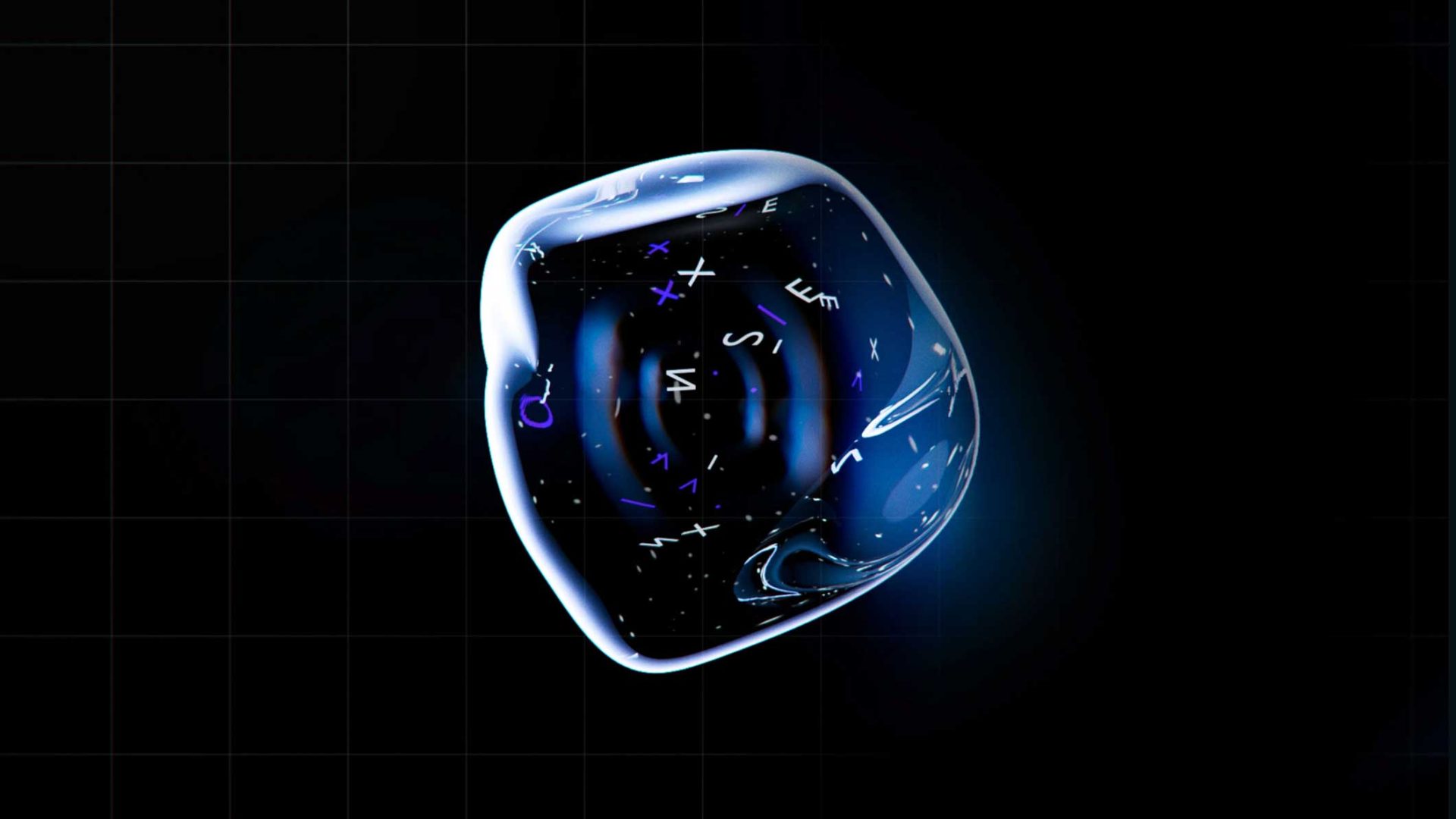 A translucent, iridescent orb for a Microsoft Foundry Labs brand film, containing floating mathematical symbols and letters against a dark grid background. Frame from Stash Magazine article.