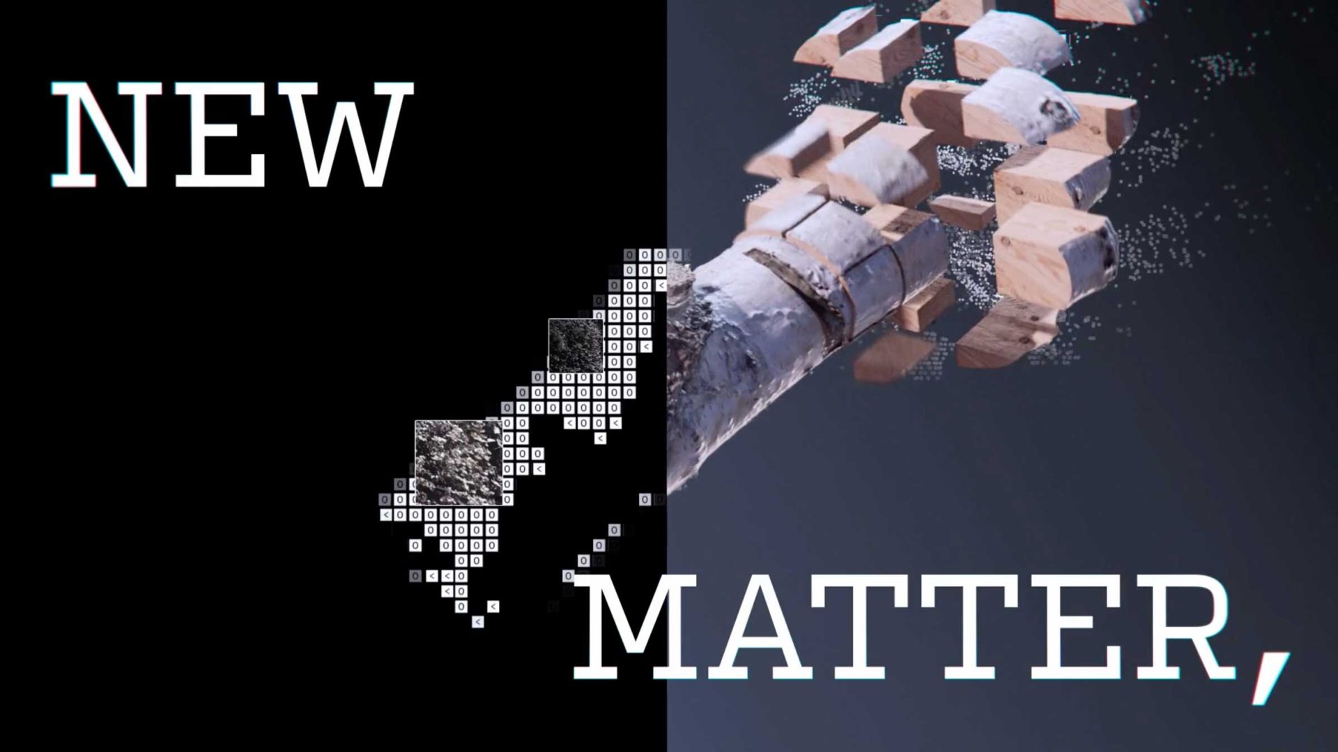 The word NEW on the left and MATTER on the right flank a central image of a birch tree trunk breaking apart into digital pixel fragments, part of a Ranger & Fox brand film. Frame from Stash Magazine article.