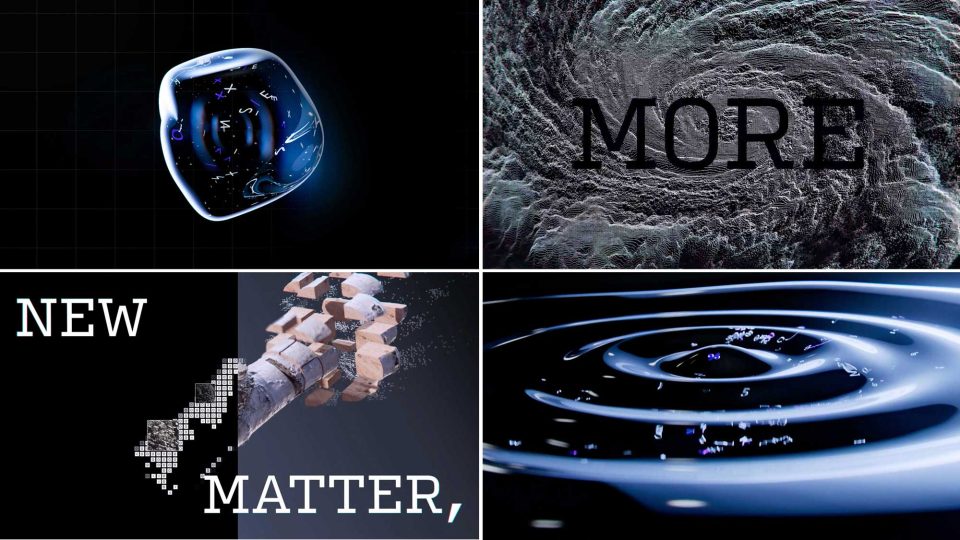 A four-panel collage from the Microsoft Foundry Labs Brand Film by Ranger & Fox showing a glossy blue shape, a dark swirling texture with MORE, a robotic arm breaking stone with NEW MATTER, and dark water ripples with scattered symbols. Frame from Stash Magazine article.