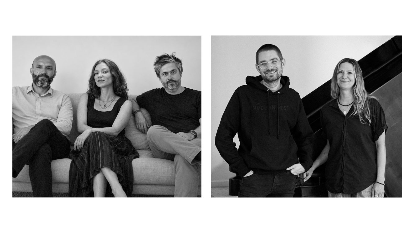 Two black-and-white photos: Left, three people sit on a couch; right, two people stand next to a piano, all dressed casually and smiling or looking relaxed—a moment of camaraderie captured with the signature Modern Post style that’s making waves in the US market. Frame from Stash Magazine article.