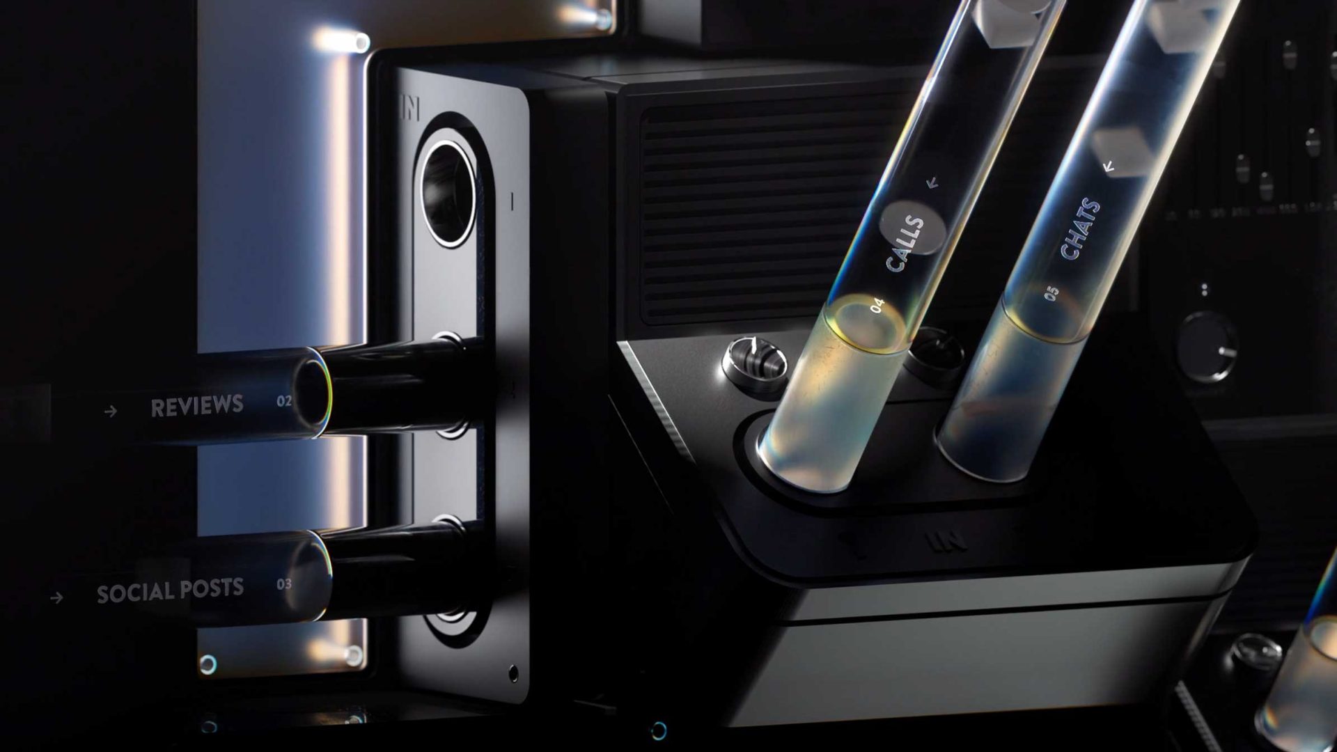 A futuristic machine with slots labeled REVIEWS, SOCIAL POSTS, and tubes labeled CALLS and CHATS filled with glowing liquid, suggesting high-tech analysis—perfect for visualizing Experience '26 insights or Medallia-powered data processing. Frame from Stash Magazine article.