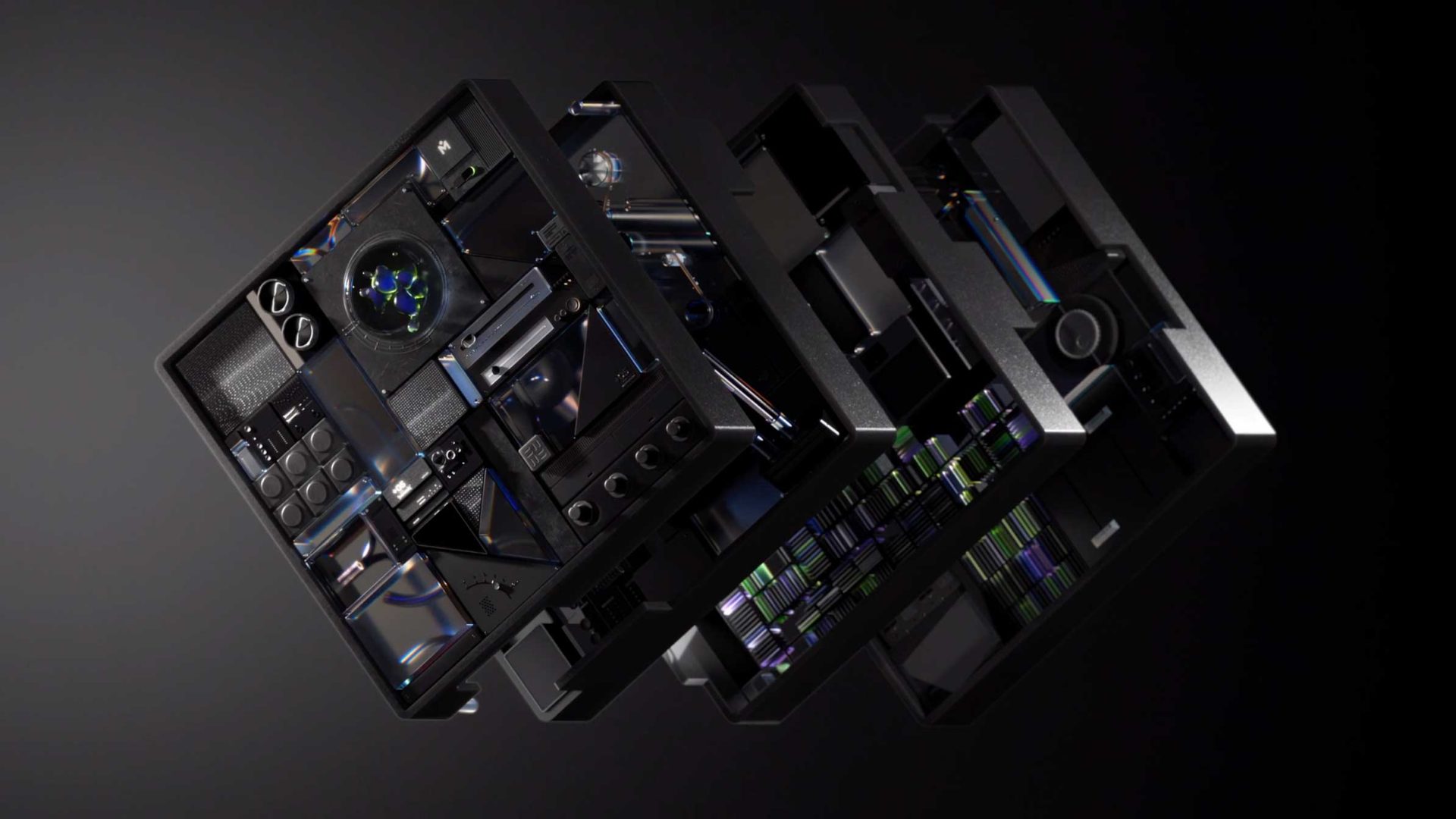 An exploded view of a black, square electronic device reveals multiple internal layers with intricate components, wires, and circuitry against a dark background—perfect for showcasing cutting-edge Experience '26 technology. Frame from Stash Magazine article.
