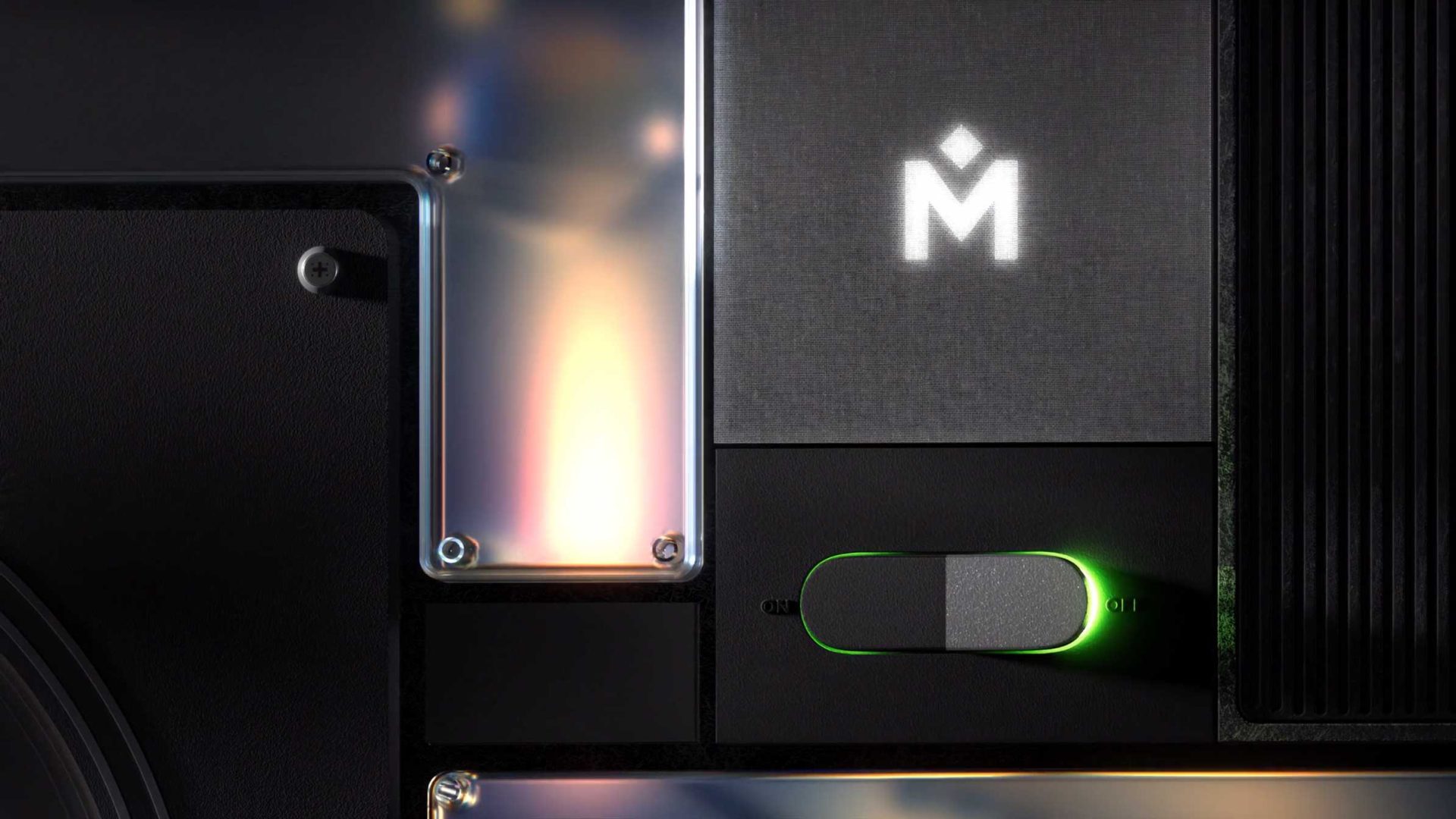 Close-up of a sleek electronic device with a glowing green switch and a white illuminated M-shaped logo, reminiscent of the Medallia experience, on a metallic surface with visible screws and textured panels. Frame from Stash Magazine article.