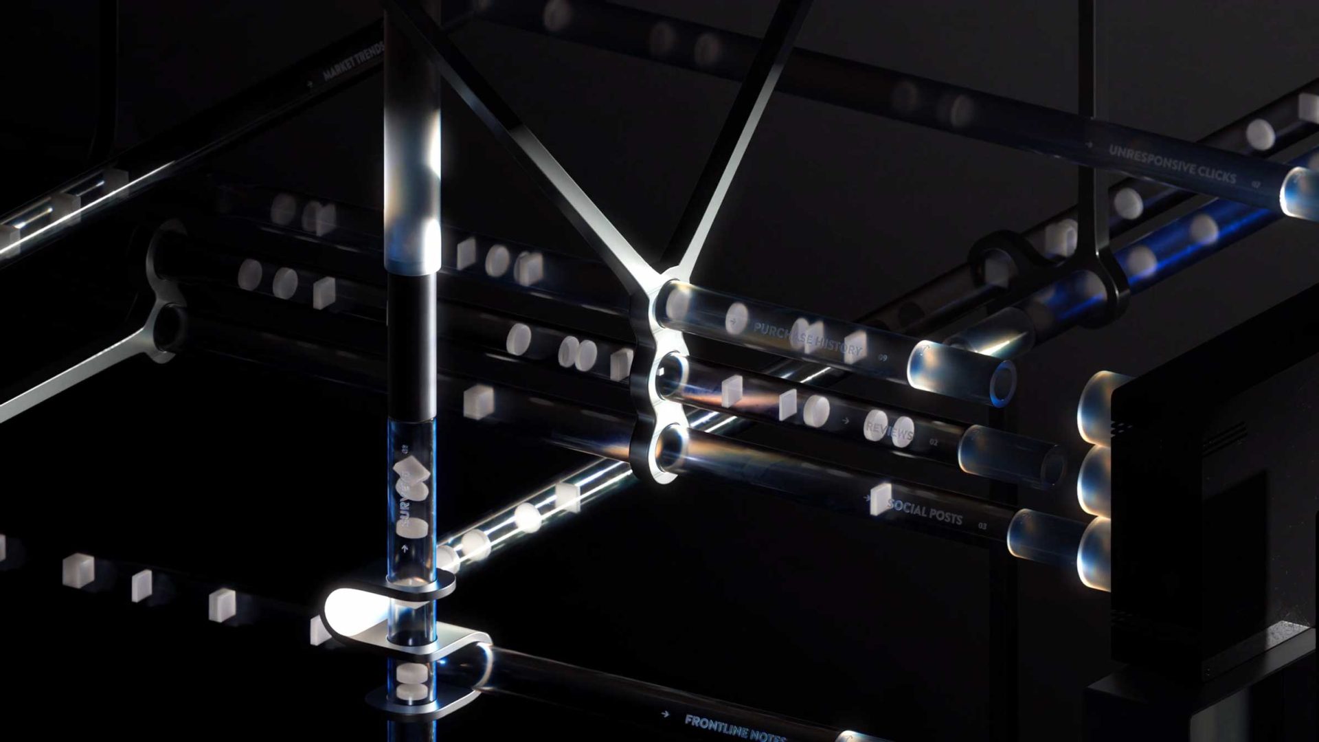 A network of translucent tubes with white capsules inside, intersecting in a dark, futuristic setting. Some tubes are illuminated, and a monitor in the lower right corner displays data from the Medallia Experience 26 system. Frame from Stash Magazine article.