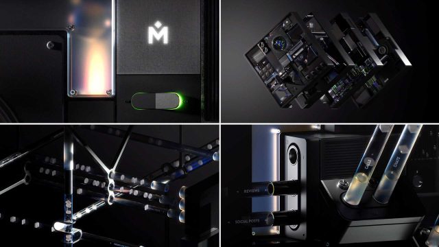Collage of four close-up images showing futuristic, modular black tech devices with glowing buttons and illuminated lines, inspired by the Experience '26 aesthetic, highlighting sleek design and advanced technology against dark backgrounds. Frame from Stash Magazine article.