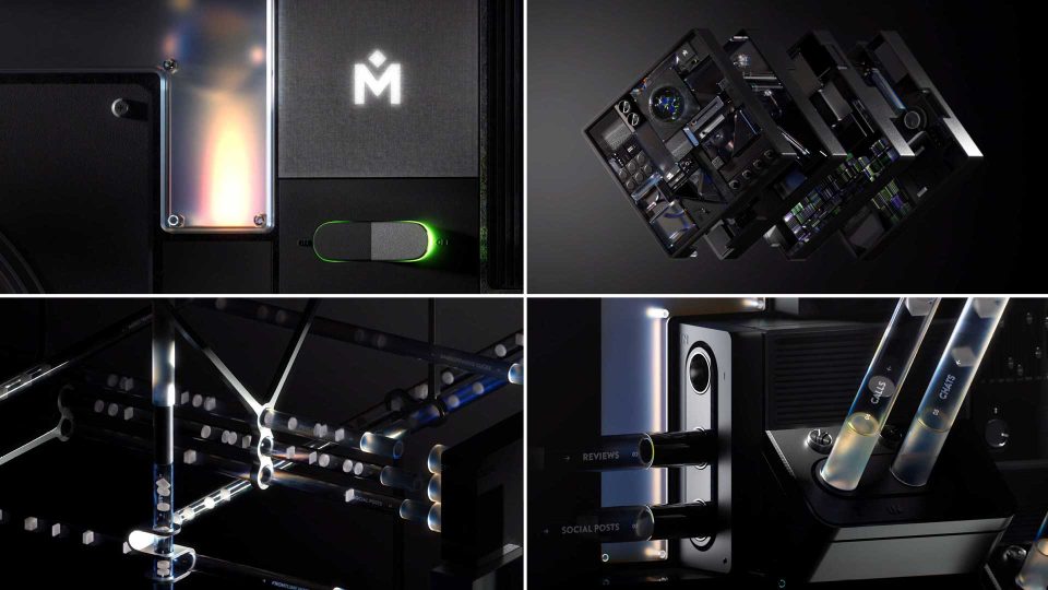 Collage of four close-up images showing futuristic, modular black tech devices with glowing buttons and illuminated lines, inspired by the Experience '26 aesthetic, highlighting sleek design and advanced technology against dark backgrounds. Frame from Stash Magazine article.