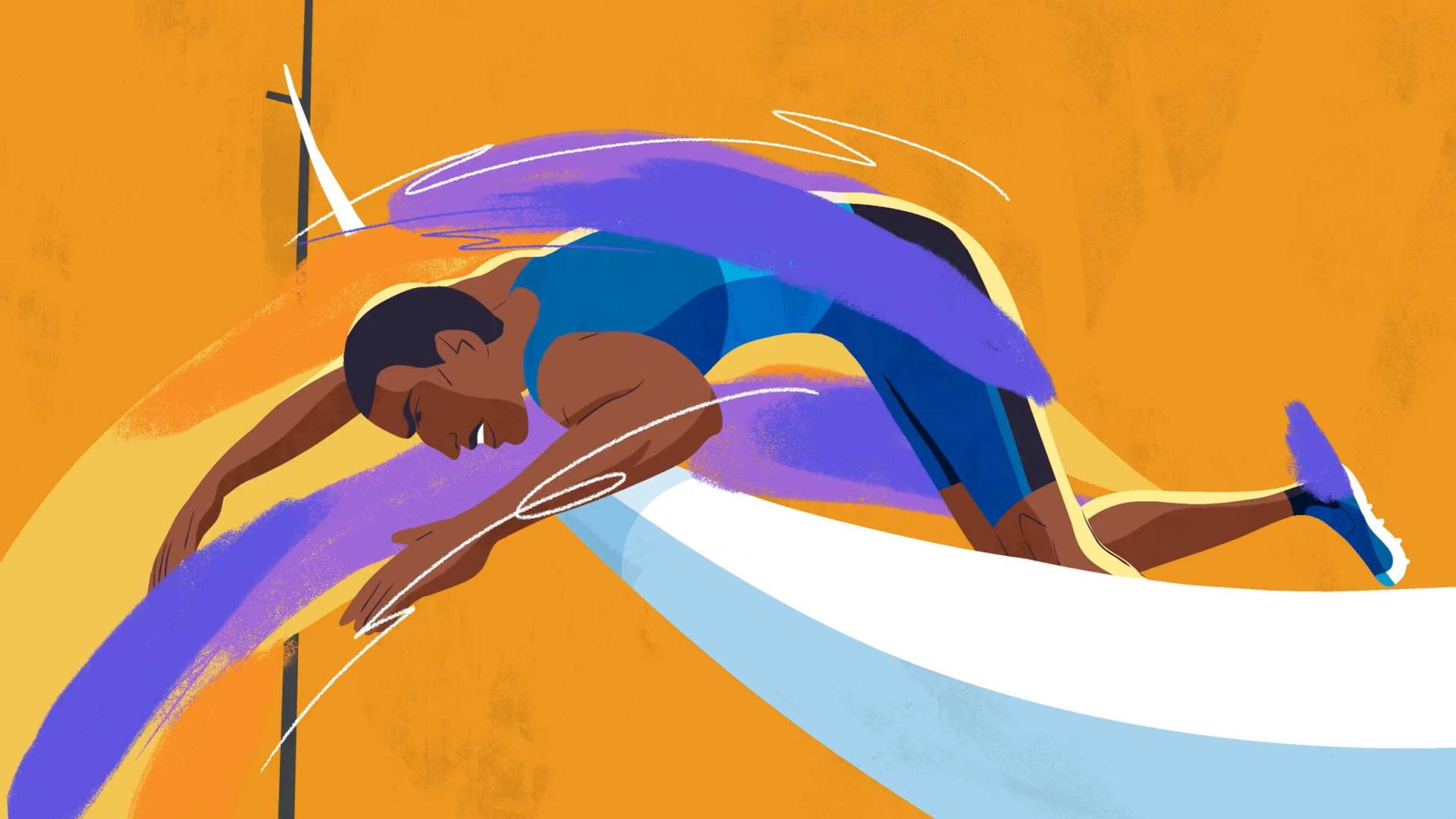 Illustration of a male athlete in mid-air, arching over a high jump bar with colorful swirls around him, inspired by NCAA Animated Broadcast Spots by Fern, set against an orange background. The athlete wears a blue athletic uniform and white shoes. Frame from Stash Magazine article.