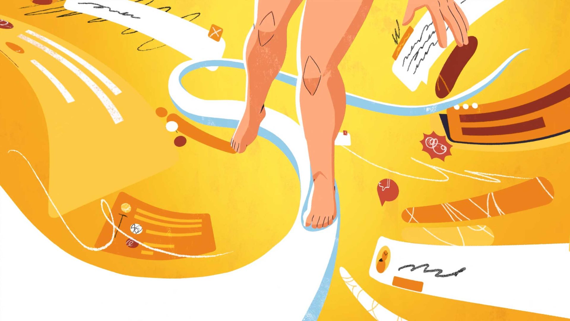 Illustration of a person's bare legs and feet walking through a swirling yellow and white path, surrounded by floating documents, messages, NCAA streaming symbols, and other icons on an abstract background. Frame from Stash Magazine article.