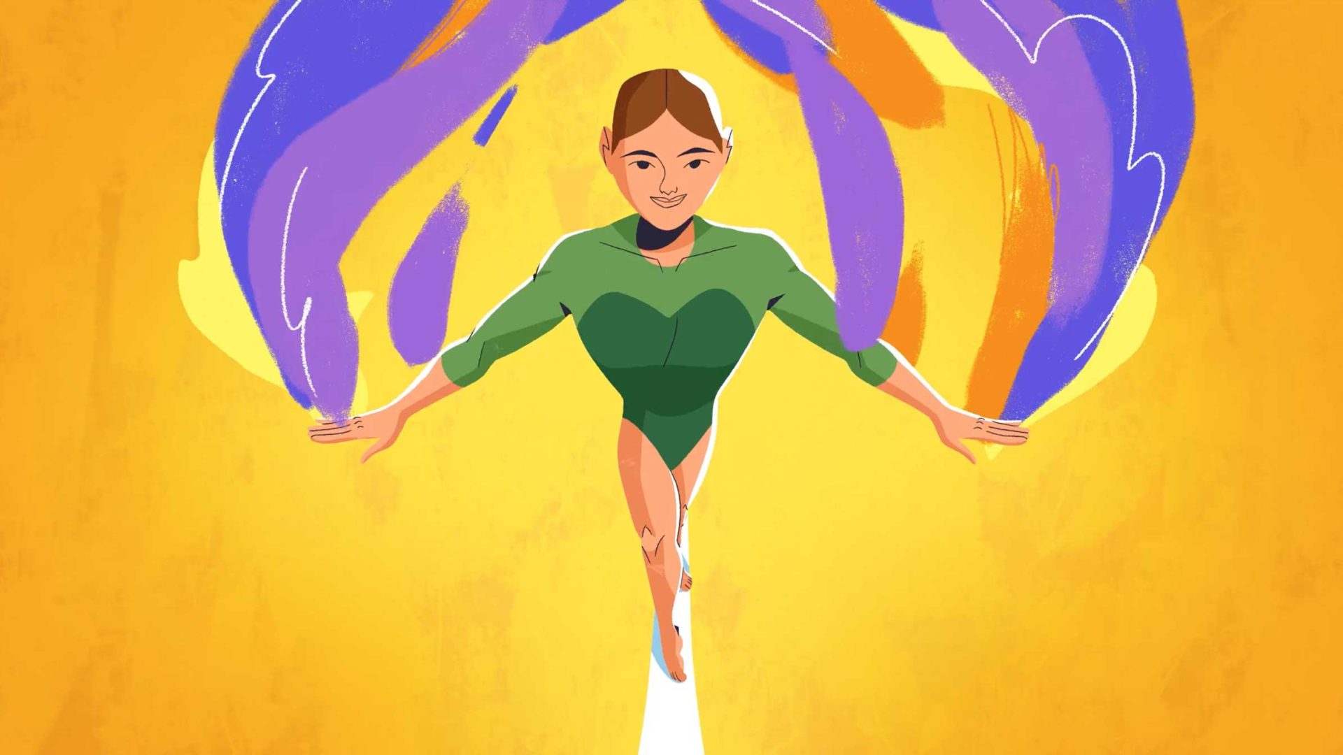 An animated gymnast wearing a green leotard balances on one foot, arms outstretched, with colorful purple and orange swirls in the background—perfect for an energetic NCAA sports broadcast set against a bright yellow backdrop. Frame from Stash Magazine article.
