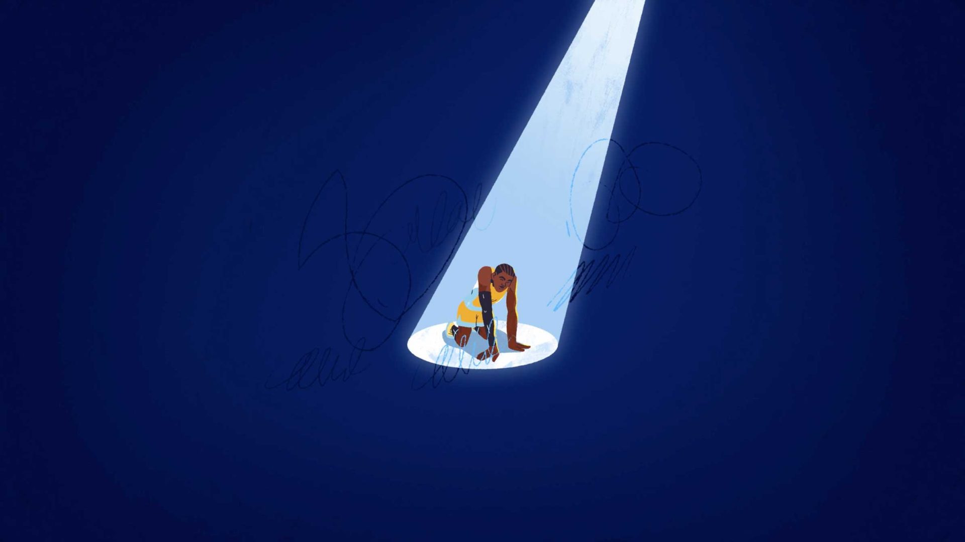 A person kneels on the ground in a small spotlight, surrounded by darkness, with one hand on the floor and head bowed, evoking a sense of isolation and introspection—like an athlete alone before the pressure of an NCAA Broadcast. Frame from Stash Magazine article.