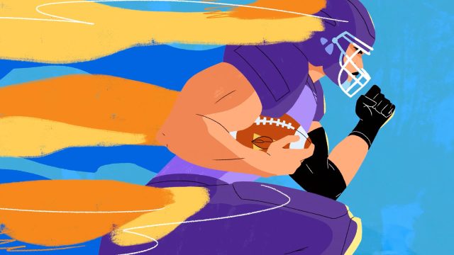 Illustration of an American football player in a purple uniform and helmet running with a football, with dynamic orange and yellow streaks in the background, capturing the excitement of NCAA action. Frame from Stash Magazine article.