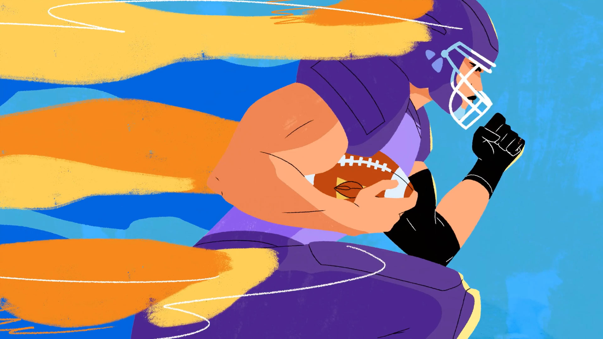 Illustration of an American football player in a purple uniform and helmet running with a football, with dynamic orange and yellow streaks in the background, capturing the excitement of NCAA action. Frame from Stash Magazine article.