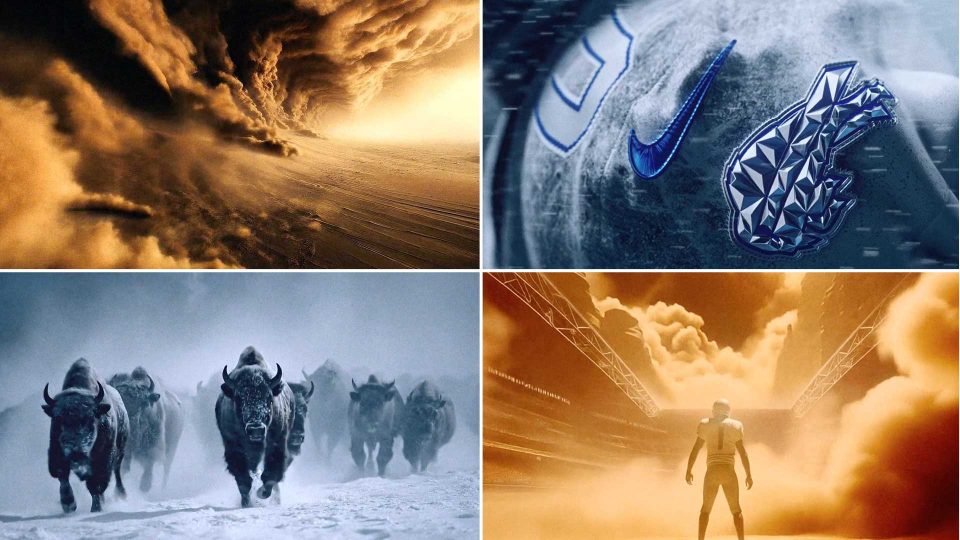 Four-panel image: a dramatic dust storm, a close-up of a football helmet with a blue logo, a herd of bison running through snow, and an NFL player in Nike Rivalries Uniforms standing in a stadium surrounded by swirling dust—released in the film by Builders Club. Frame from Stash Magazine article.