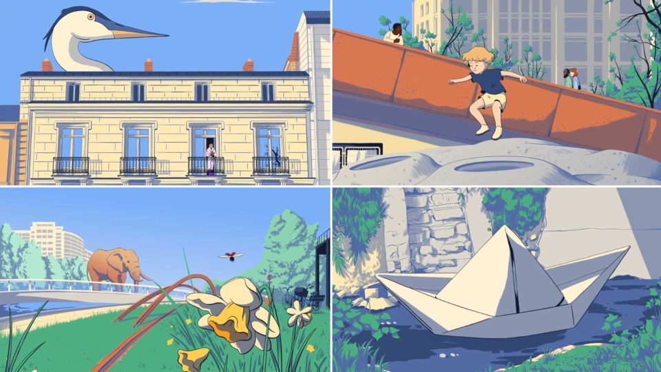Four illustrated scenes by Nelly Michenaud: a heron stands on a rooftop above Nantes, a child balances on a curved wall, an elephant walks near flowers in a park, and a paper boat floats in a stream beside stone ruins, evoking the warmth of home. Frame from Stash Magazine article.