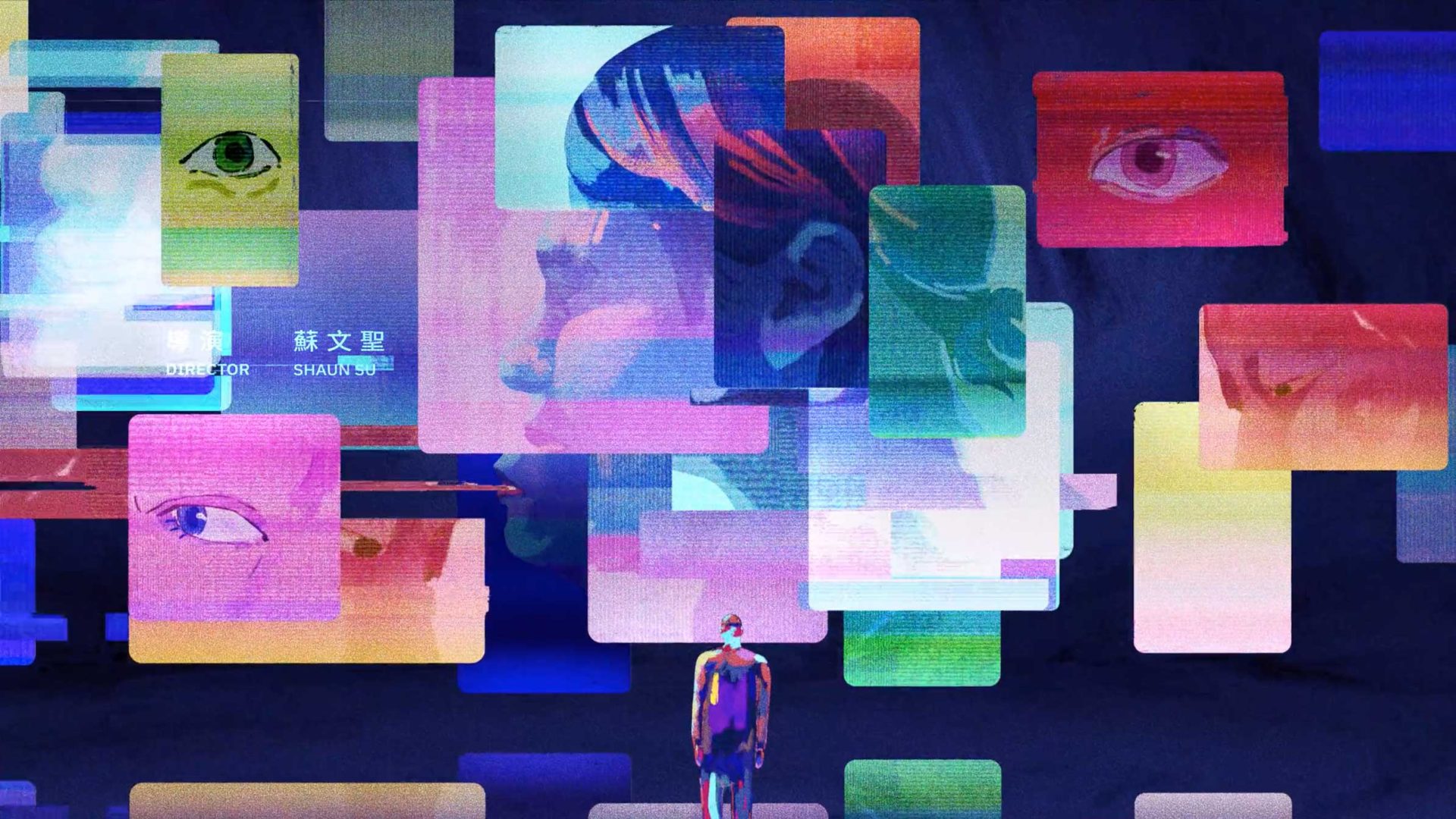 A person stands among floating, colorful transparent rectangles displaying eyes and faces on a dark background, evoking the digital and surreal vibe of a Mixcode TV Series or Million-Follower Detective universe. Frame from Stash Magazine article.
