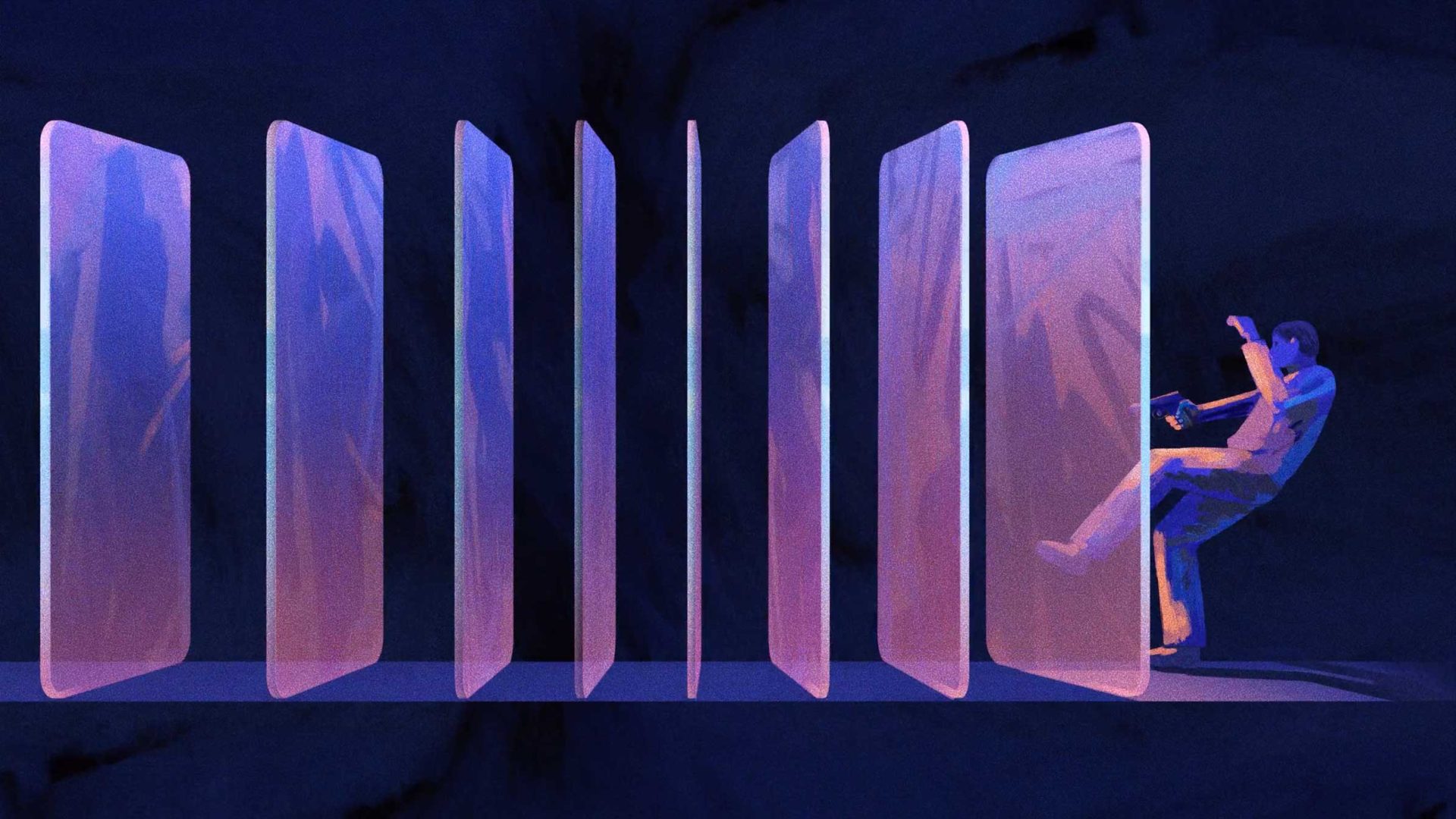 A person appears to be trapped or blocked by a series of glowing, translucent panels arranged in a row, with dark blue and purple tones evoking the surreal, digital-like world of Mixcode from the TV series Million-Follower Detective. Frame from Stash Magazine article.