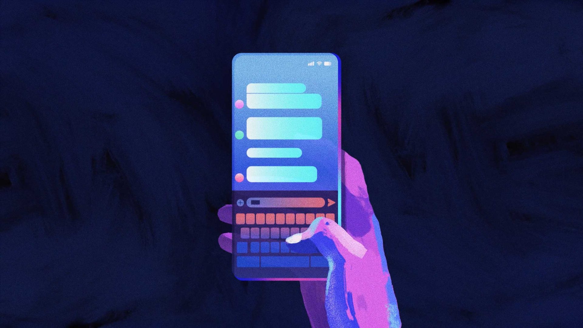 A digital illustration of a hand holding a smartphone with a chat interface on the screen, featuring glowing blue and purple hues against a dark background, inspired by Netflix "Million-Follower Detective" TV Series titles by Mixcode. Frame from Stash Magazine article.