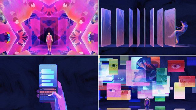 A collage of four digital art scenes inspired by Netflix Million-Follower Detective TV Series titles by Mixcode: a person in a mirrored hallway, a figure among glowing panels, a hand texting, and a figure amid floating screens with eyes and faces. Frame from Stash Magazine article.