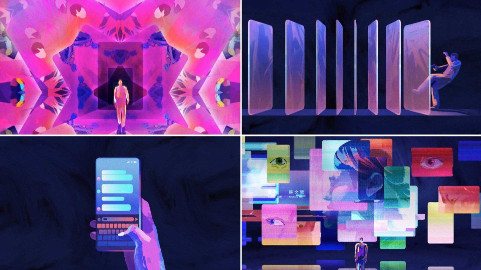 A collage of four digital art scenes inspired by Netflix Million-Follower Detective TV Series titles by Mixcode: a person in a mirrored hallway, a figure among glowing panels, a hand texting, and a figure amid floating screens with eyes and faces. Frame from Stash Magazine article.