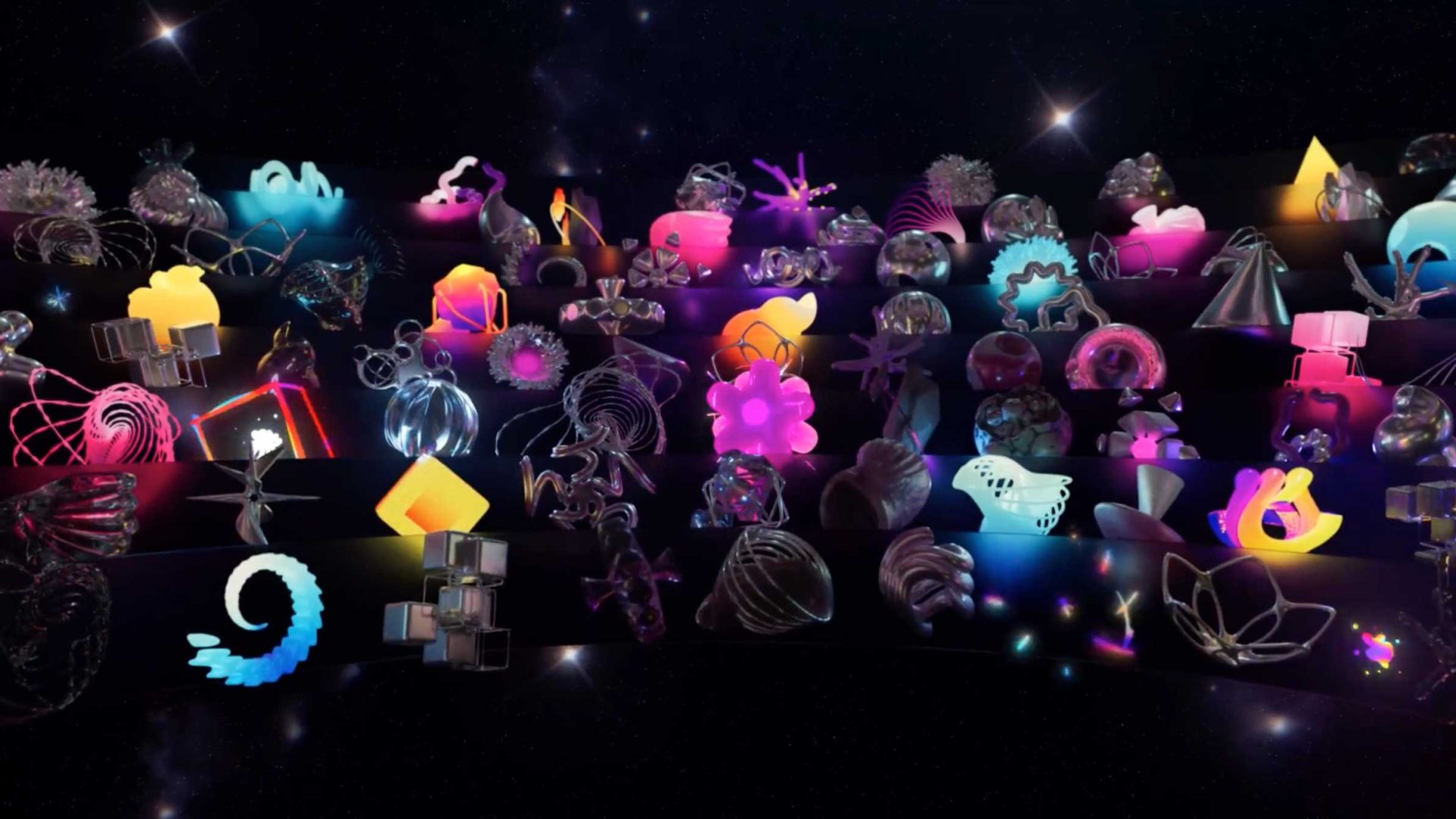 A collection of colorful, abstract 3D shapes and sculptures—reminiscent of the innovation showcased at The Design Conference—is displayed against a dark, starry background, creating a vibrant and futuristic scene with various textures, forms, and glowing effects that embody the spirit of cutting-edge design. Frame from Stash Magazine article.