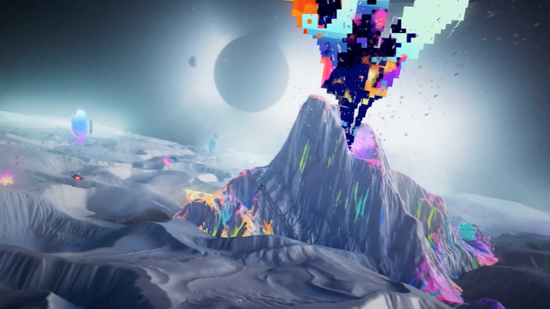 A surreal, digital landscape features a mountain erupting pixelated, colorful blocks under a space sky with a large planet and glowing crystals scattered on the unusual terrain—an imaginative homage to bold design inspired by Never Sit Still and The Design Conference. Frame from Stash Magazine article.