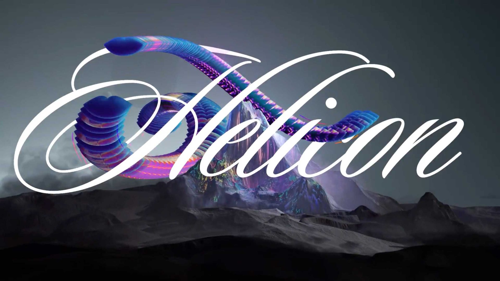 A glowing, abstract purple creature hovers over a dark, rocky landscape with the elegant white script word “Helion” across the image, perfectly capturing the imaginative spirit of The Design Conference and echoing the innovative aesthetic championed by Never Sit Still. Frame from Stash Magazine article.