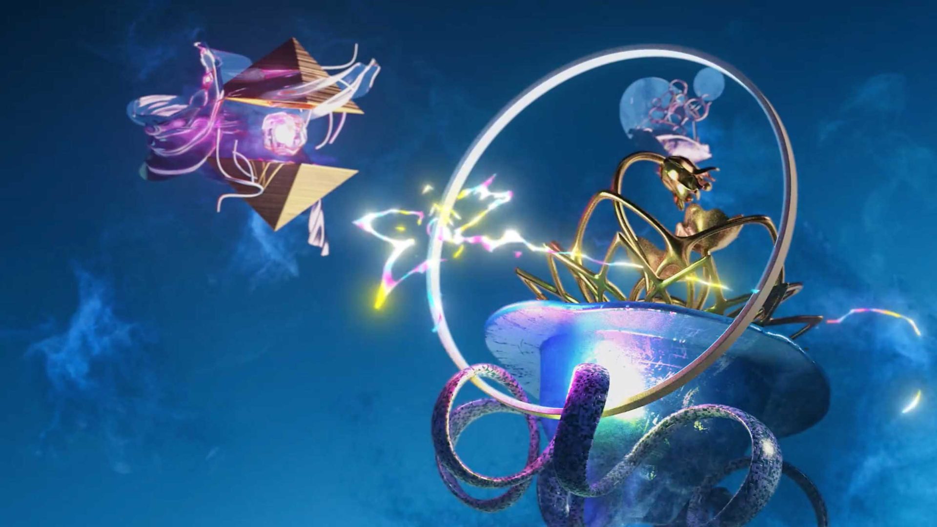 A surreal digital artwork inspired by Never Sit Still Opens The Design Conference 2026 features abstract shapes, neon lights, and swirling forms against a blue background, creating a futuristic, dreamlike scene. Frame from Stash Magazine article.