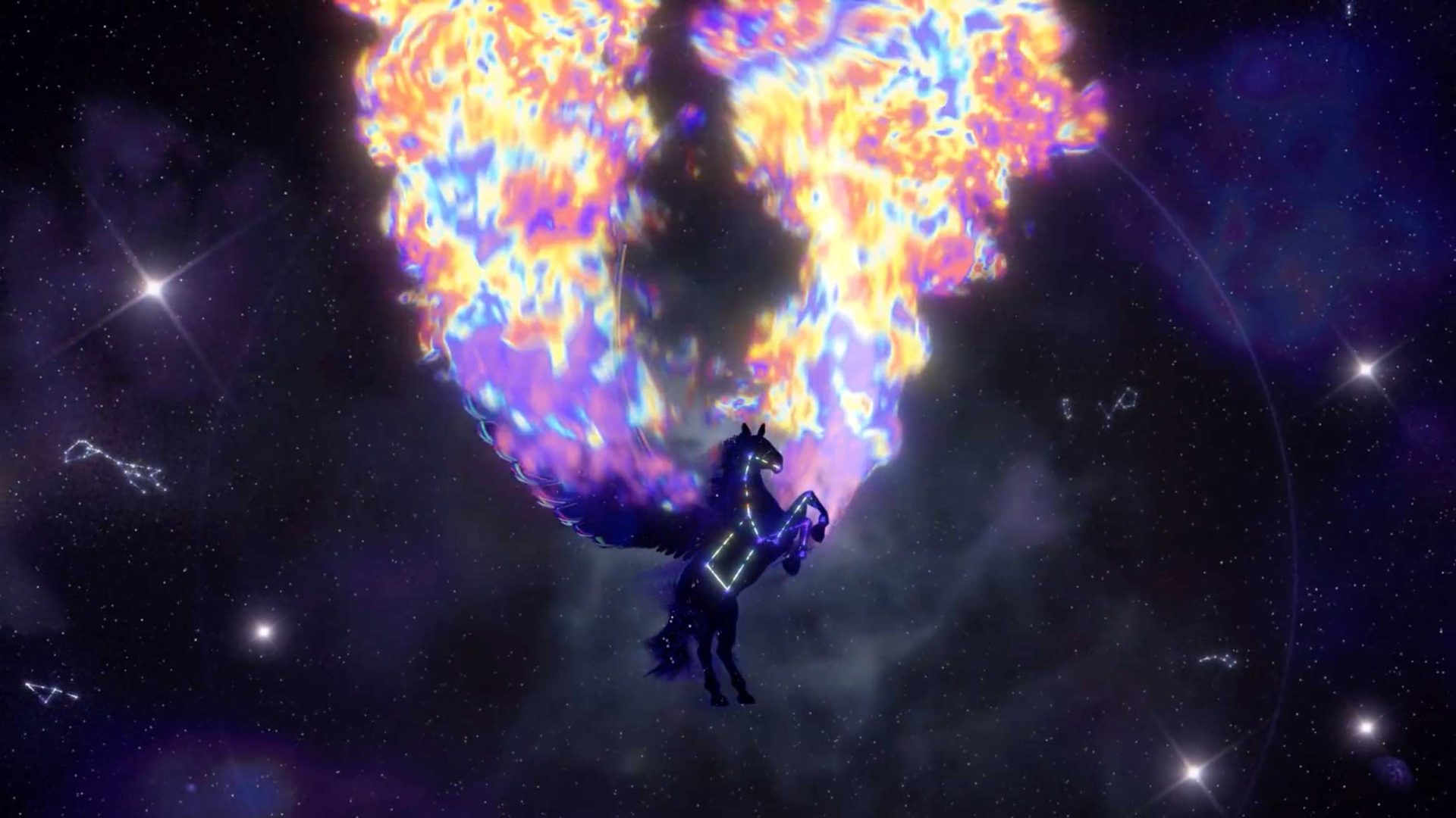 A glowing, purple winged horse flies in space, with bright, multicolored flames forming a heart shape above and behind it—an electrifying vision that sets the tone for an unforgettable Design Conference Opening. Stars and cosmic clouds swirl in the dark background, embodying the creative energy to Never Sit Still. Frame from Stash Magazine article.