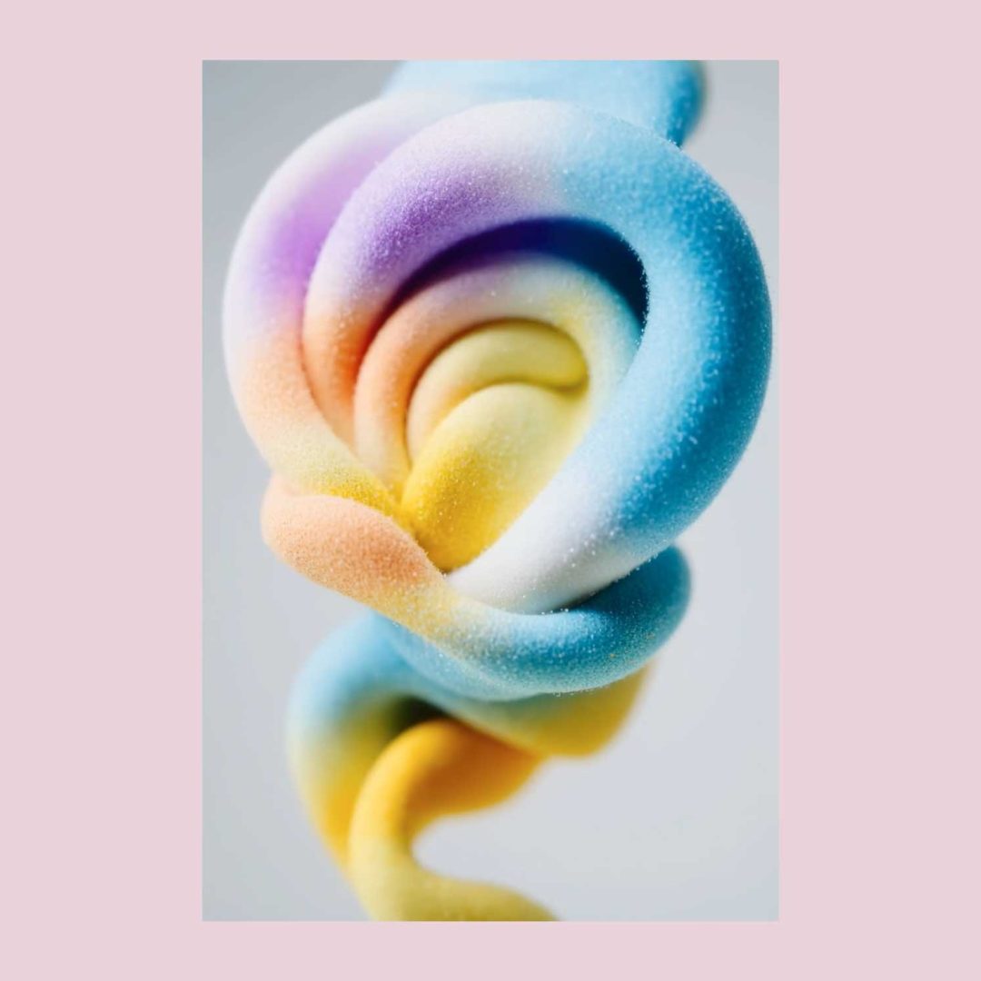 Close-up of a twisted, colorful marshmallow in pastel shades of blue, yellow, pink, and purple on a light gray background bordered by pale pink—an unfurling moment reminiscent of Vitor Teixeira’s Personal Short Film style. Frame from Stash Magazine article.
