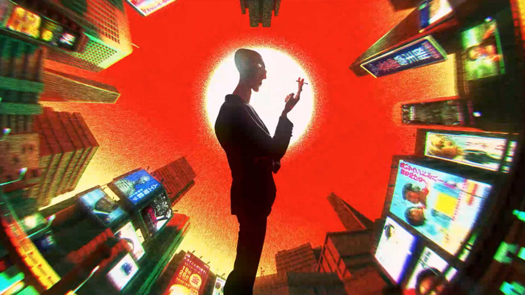 A silhouetted person stands in the center of a cityscape, holding a cigarette, with bright digital billboards and a vivid red sun in the background&mdash;a dramatic, futuristic scene reminiscent of Coup de Foudre from the Nexus Studios commercial roster. Frame from Stash Magazine article.
