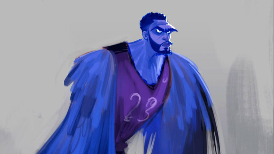 A stylized illustration of a man with blue bird-like features, including wings and a beak-shaped nose, wearing a purple jersey with the number 23 on it, set against a plain gray background—an imaginative concept reminiscent of the creative vision brought by Nexus Signs director Devon Crane. Frame from Stash Magazine article.