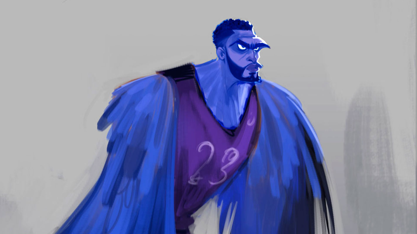 A stylized illustration of a man with blue bird-like features, including wings and a beak-shaped nose, wearing a purple jersey with the number 23 on it, set against a plain gray background—an imaginative concept reminiscent of the creative vision brought by Nexus Signs director Devon Crane. Frame from Stash Magazine article.
