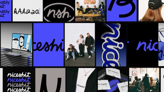 A collage featuring various “niceshit” logos in different fonts and colors, group photos, bold black and blue graphics, handwritten text, and branded merchandise items from the Niceshit Studio rebrand 2026. Frame from Stash Magazine article.