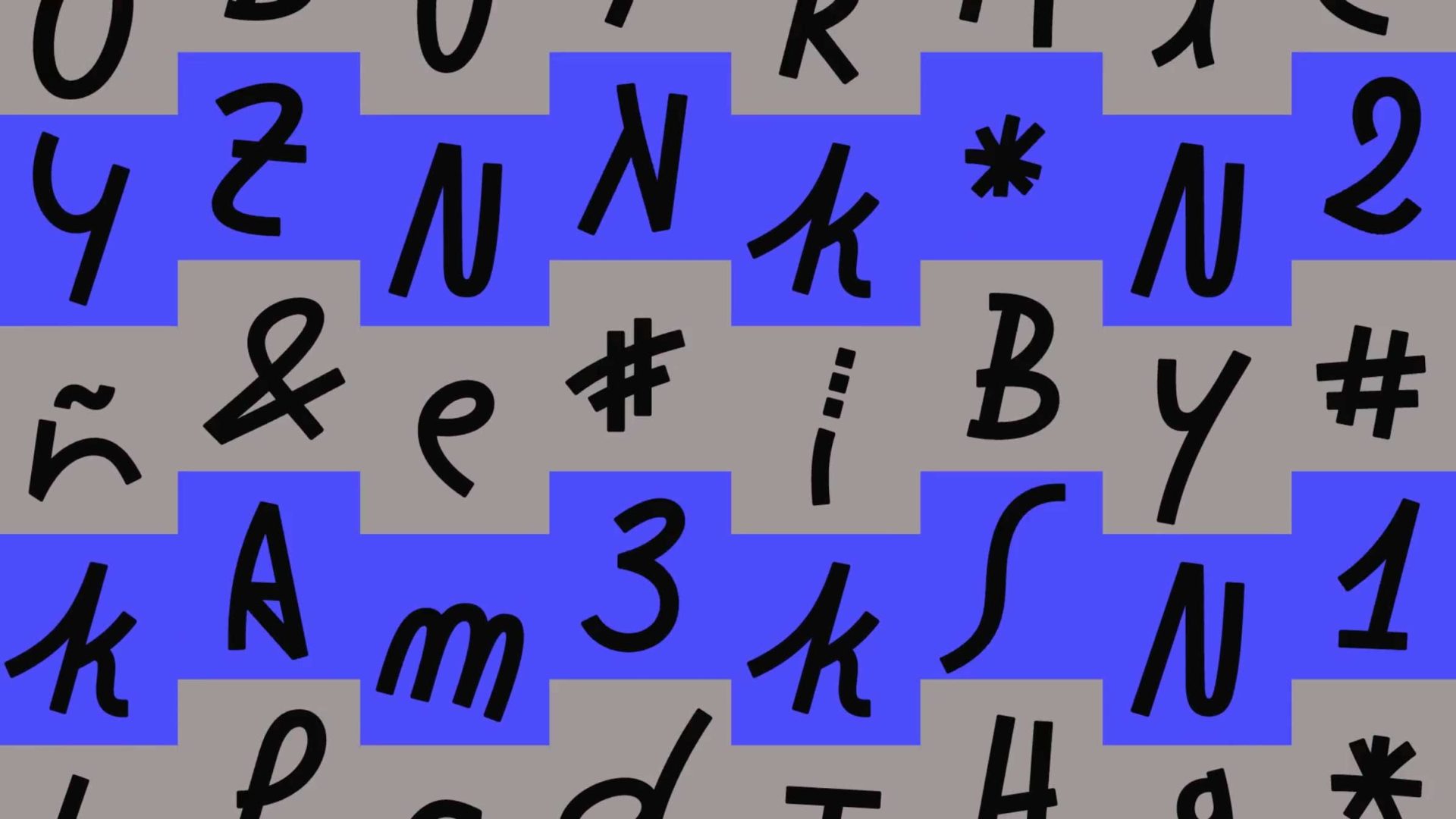 A digital pattern inspired by the Niceshit Studio rebrand 2026, featuring black symbols, letters, and numbers in different fonts scattered over a background of alternating blue and gray rectangular shapes. Frame from Stash Magazine article.
