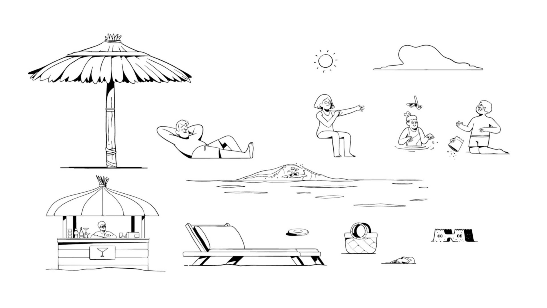 Line drawing beach scene in the style of the Niceshit Illustration System: people relaxing under umbrellas, swimming, playing in the sand by a bar hut. Includes sun lounger, picnic basket, sandcastle, and sunny sky—perfect for Trivago dreams. Frame from Stash Magazine article.