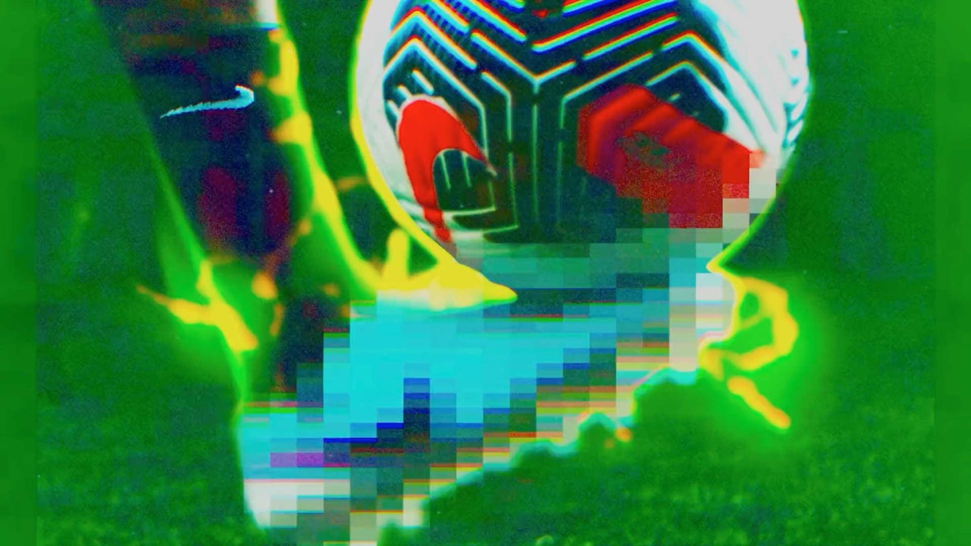 A pixelated, digitally enhanced image of a soccer player's foot in Nike SP26 about to kick a soccer ball, with neon green and yellow lighting effects by FutureDeluxe creating an energetic atmosphere. Frame from Stash Magazine article.