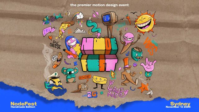 Colorful, playful cartoon drawings surround block letters spelling NodeFest on a textured background. Text reads the premier motion design event and Sydney November 13 2026, NodeFest Handmade Edition—don’t miss the creativity and excitement of the NodeFest event 2026!. Frame from Stash Magazine article.