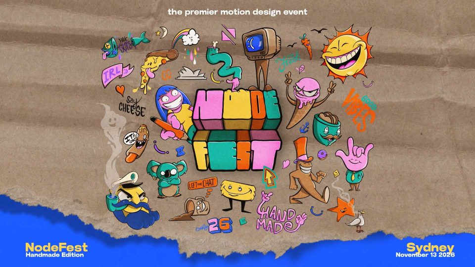 Colorful, playful cartoon drawings surround block letters spelling NodeFest on a textured background. Text reads the premier motion design event and Sydney November 13 2026, NodeFest Handmade Edition—don’t miss the creativity and excitement of the NodeFest event 2026!. Frame from Stash Magazine article.