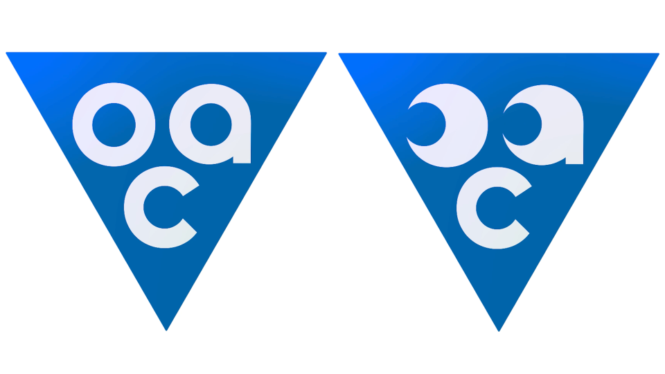 Two blue triangles point downward, each containing the white lowercase letters oac. On the left, the letters are plain; on the right, as part of OAC Riff Raff's launch of Animation studio Our Animated Cousin, the o and a have crescent moon shapes cut out, resembling eyes. Frame from Stash Magazine article.
