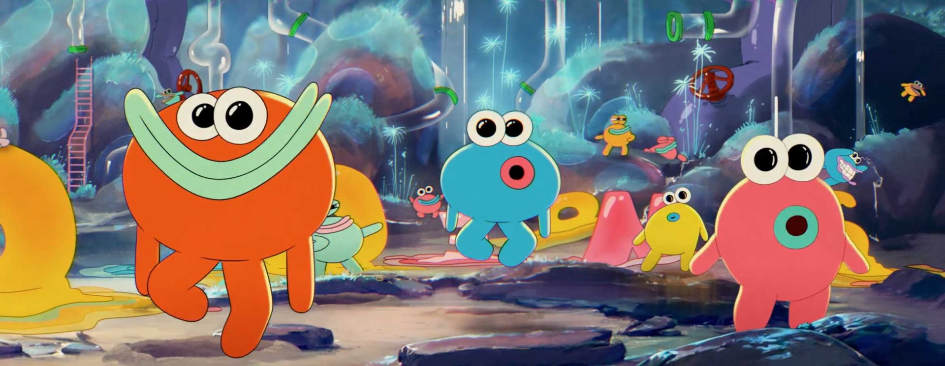Colorful, round cartoon creatures with big eyes and simple facial features walk and play in a whimsical, fantastical landscape—think OLIPOP vibes—filled with abstract shapes and glowing plants. Frame from Stash Magazine article.