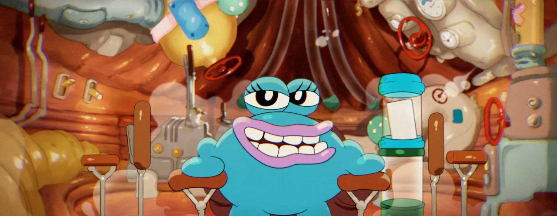 A cartoonish blue frog with large lips and expressive eyes grins while sitting on crutches in a whimsical, mechanical room filled with pipes, valves, and levers—almost as if he’s enjoying an OLIPOP moment that makes him Feel Good. Frame from Stash Magazine article.