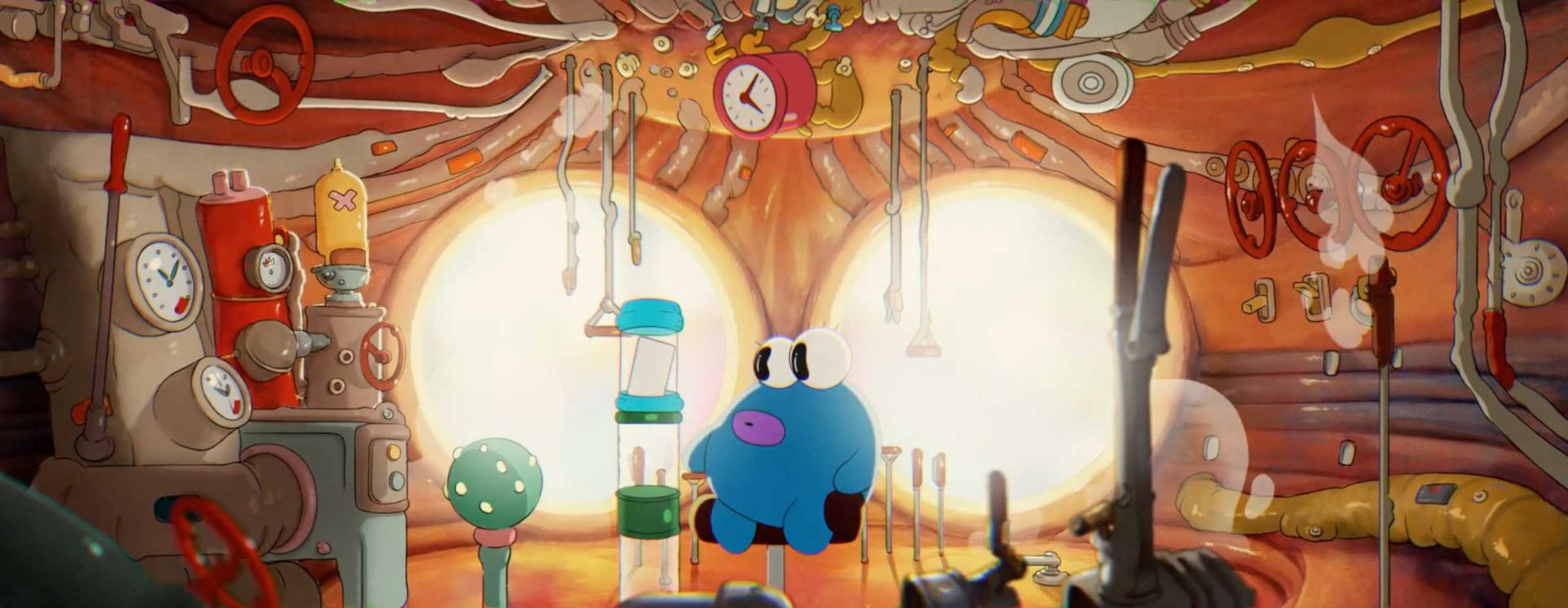 A blue, round cartoon creature with big eyes sits inside a whimsical, colorful control room filled with pipes, dials, and glowing circular windows—an animated scene reminiscent of the playful worlds by Luca&Sinem. Frame from Stash Magazine article.